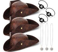 Chicingyou Pirate Night Cruise Outfits Pirate Hats Bulk Leather Tricorn Hat Necklace Eye Patch Bulk Party Men Women(9 Pcs,Brown)