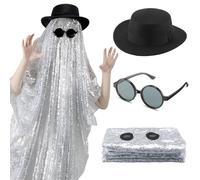 Chicingyou Sequin Sheet Ghost Costume Ghost Halloween Costume Set with Silver Sequin Sheet Glasses and Flat Round Hat Accessories for Adults Halloween Cosplay Party Supplies