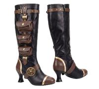 Chicingyou Women's Steampunk Knee High Boots With Gear Rivets Pockets Faux Leather Pirate Boots Viking Victorian Costume Shoes for Medieval Renaissance Gothic Halloween Cosplay Costume, Brown, 4.5 UK