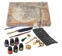 CHICIRIS Feather Pen Set, European Retro Elegant Handle Design with Detachable Stamp Patterns and Metal Carved Penholder, for Writing Gift Box Packaging (SP271902R sprinkled with gold and sapphire