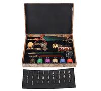 CHICIRIS Feather Pen Set, European Retro Elegant Handle Design with Detachable Stamp Patterns and Metal Carved Penholder, for Writing Gift Box Packaging (SP271935R sprinkled with gold and dark green)