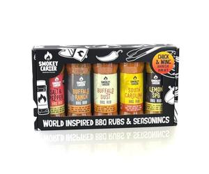 Chick and Wing BBQ Rub Gift Set | Smokey Carter | 5 x 100g Barbecue Seasoning Shakers, Buffalo Dust, Chinese Salt & Pepper, Lemon SPG (Salt,Pepper,Garlic), Buffalo Ranch, South Carolina. Chicken Wings
