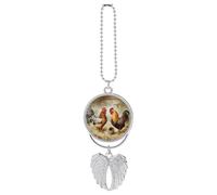 Chicken and Rooster Car Pendant with Angel Wings Metal Rearview Mirror Pendant Decorative Accessories Memorial Ornament Decoration for Women Men