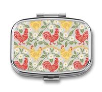 Chicken and Rooster Pill Case 2-Compartment Pill Organizer with Mirror- Portable Medicine Container for Purse & Travel, Small Medicine Box for Vitamins, Fish Oil, Supplements