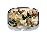 Chicken and Rooster Print Mini Pill Box Metal Travel Medicine Organizer with 2 Compartments Pocket-Sized Pill Container