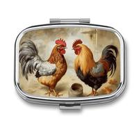 Chicken and Rooster Print Pill Box 2 Compartment - Small Metal Medicine Organizer Portable Pill Case for Purse Pocket Travel Vitamin Organizer for Men Women, BPA-Free