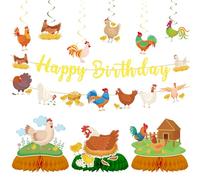 Chicken Birthday Party Decorations Banner - 11 Pcs Farm Party Decoration Including Yellow Happy Birthday Banners Rooster Hanging Swirls Honeycomb Centerpieces for Animal Themed Baby Shower Supplies