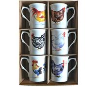 Chicken Bone China Mugs - Set of 6 Gift Boxed 10oz China Mugs Each Different Chicken cockerel Rooster Hen