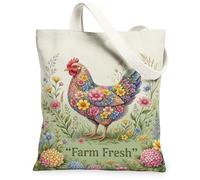Chicken Canvas Tote Bag for Women, Farmhouse Rustic Flowers Grass Spring Multicolor Washable Reusable Grocery Bags Ideas Fo, Multicolor, 13x15 Inch