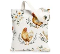 Chicken Canvas Tote Bag for Women, Rustic Vintage Flower Leaf Spring Cream Washable Reusable Everyday Tote Bag Ideas for Family Friends Colleagues Reading Loves 13x15 Inch