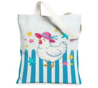 Chicken Canvas Tote Bag for Women, Summer Playful Hat Stars Summer Blue Washable Reusable Grocery Bag for Shopping Brunch Park Library Day Trips 13x15 Inch