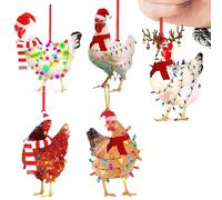 Chicken Christmas Ornaments 5Pcs 5 Style Hanging Chicken Decor with Hat Scarf Flat Acrylic for Tree Garland Wreath- Rooster Decor