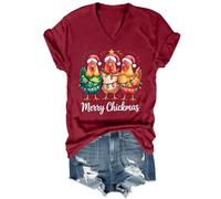 Chicken Christmas V Neck Shirt Funny Merry Christmas Chicken Shirts for Women Claret