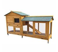 Chicken Coop with Waterproof Asphalt Roof, Ramp, Nesting Box, Wire Fence, Wooden Hen House on Universal Wheels with Brakes, 181.5 x 43.5 x 98CM
