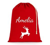 Chicken Craft Personalised Christmas Sack, White Reindeer, Red, Extra Large | Santa sack with custom name, Xmas gift bag for under the tree, red cotton, 75 x 49 cm, 38 litres