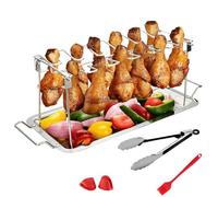 Chicken Drumstick Holder for Grill - 12 Compartments Drum Stick Holder with Collection Tray, Roasting Rack with Oil Brush and Tongs