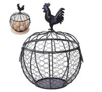 Chicken Egg Basket with Handle, Famhouse Small Metal Egg Collecting Basket Vintage Style with Chicken Decorated Lid for Fruits, Vegetables, Flowers Black, For Gathering Fresh Eggs