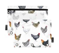 Chicken Farm Birds Hand Drawn Pencil Pouch for 3 Ring Binder, Three Hole Pencil Case for Binder Bulk Pencil Bag with Clear Window and Zipper for Office School College, 2 Pack