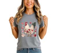Chicken Floral Womens Graphic T-Shirt Farm Animal Garden Tee Rustic Hearts Design XL (18-20) Heather Grey