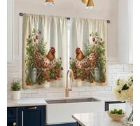 Chicken Kitchen Curtains, Farmhouse Rustic Strawberry Leaves Spring Red Curtains for Small Window for Laundry Room Sink Area Hallway Apartment Window Decor 26x45 Inch