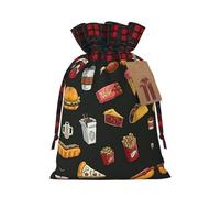 Chicken Leg Burger Drink Printing Color Matching Plaid Christmas Bag With Drawstring,4.7x6.9 In For Christmas Halloween
