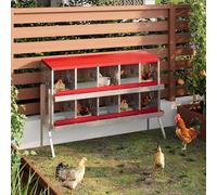 Chicken Nesting Box, 10-Compartment Heavy Duty Metal Hen Laying Box with Breathable Holes & Resting Platform, Wall Mounted/Floor Rollaway Chicken Nest Box for Easy Clean & Egg Collection-Red