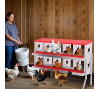 Chicken Nesting Box, 10-Compartment Heavy Duty Metal Hen Laying Box with Resting Platform & Breathable Holes, Wall Mounted/Floor for Easy Cleaning & Egg Protection, Ideal for Hens & Coops- Red w/leg