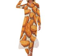 Chicken Nuggets Food Women's Long Sleeve Maxi Dress Button Down Side Slit Shirt Dresses Fall Outfits