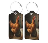 Chicken Old Bucket and Wooden Fence Luggage Tag for Suitcase 2 Pack Leather Luggage Tag with Privacy Flap Name Id Label and Metal Loop for Women Men Travel
