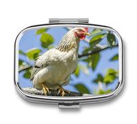 Chicken on A Branch Pill Box 2 Compartment Square Metal Pill Organizer Portable Mini Travel Medicine Case with Mirror Cute Medicine Container Holder for Pocket Purse
