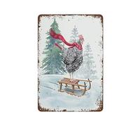 Chicken on a Sleigh Christmas Art Holiday Winter Poster Sleigh Hen Banned in the Snow Stylish Metal Sign Vintage Tin Sign Home Decor Most Iconic Art Sign Wall Decor Sign 8"x12"