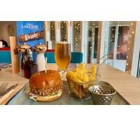 Chicken or Veggie Burger with Chips and Salad and Beer for One