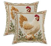 Chicken Pillow Covers Set of 2, Cream Farm Animal Embroidery Decorative Cushion Cases, Rustic Spring Home Decor for Sofa Bed Couch 16x16 Inch