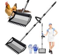 Chicken Poop Scooper & Rake 2-in-1, 32 to 68" Adjustable Stainless Steel Chicken Litter Scoop with Handle and Glove for Chick Coop Sands Multifunctional Litter Sifting Shovel for Hen Animals House