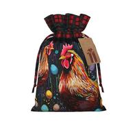 Chicken Print Christmas Drawstring Linen Gift Bag Paired With Scottish Plaid Fabric, With A Delicate And Simple Texture