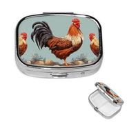Chicken Print Pill Case with Mirror Retro 2 Compartment Pill Box Small Pill Organizer for Purse or Pocket Decorative Metal Medicine Vitamin Organizer Unique Gifts