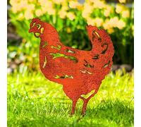 Chicken Stakes Set Pecking Hen Metal Rooster Spike Cockerel Lawn Decor Farmhouse Bird Garden Ornament Art for Pot Planter Flower Bed Rustic Statue (Natural)
