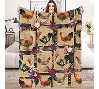 Chicken Throw Blanket Gifts for Girls, Rustic Farm Rooster Soft Cozy Plush Flannel Blanket for Kids Bedroom, 100 x 130 cm Beige Chickens Flowers Fleece Fluffy Blanket for Women Couch Bed Sofa Decor