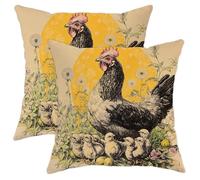 Chicken Throw Pillow Covers Set of 2, Black and Yellow Hen Decorative Cushion Covers, Spring Farmhouse Style Accents Pillows for Home Sofa Couch 18x18 Inch