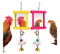 Chicken Toys,Hanging Bell Parrot Chicken Swing Mirror,Safe Multi Functional Poultry Boredom Relief Accessories,Wooden Double Mirror,Perfect For Coop,Birds,Parrots, Hens,Roosters,And More