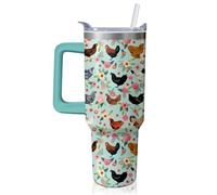 Chicken Tumbler with Handle and Straw, 40 oz Stainless Steel Pink Insulated Cup with Lid and Straw,Travel Coffee Mug Water Bottle, Birthday Christmas Mothers Day Gifts for Animal Lovers Women