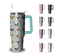 Chicken Tumbler with Handle and Straw, 40 oz Stainless Steel Pink Insulated Cup with Lid and Straw,Travel Coffee Mug Water Bottle, Birthday Christmas Mothers Day Gifts for Animal Lovers Women