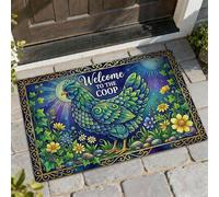 Chicken Welcome Door Mat, Farmhouse Rustic Flowers Ivy Spring Green Washable Low Profile Under Doormat Rug for House Office Outside Inside Entrance Decor 29x17 Inch