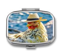 Chicken with Hat Pill Case 2 Compartments Travel Pill Organizer for Pocket Small Pill Box Portable Pill Container Metal Medication Holder to Hold Vitamin Fish Oil Supplement