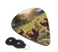Chickens and Farm Printed Guitar Picks, 6 Pack with Leather Keychain Pick Holder - 0.46mm, 0.71mm, 0.96mm Assorted Thickness for Acoustic Ukulele, Electric Guitar, Acoustic Guitar, Bass