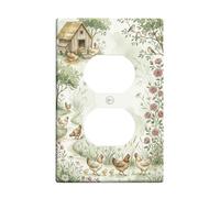 Chickens Duplex Outlet Covers Wall Plate, Rustic Natural Flowers Birds Spring Green Plastic Standard Size Face Plates for Electrical Outlets for Home Living Room New Apartment Decor