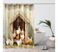 Chickens Shower Curtain, Farmhouse Rustic Brown White Chicken Shower Curtain for Bathroom Decor, Spring Summer Countryside Vintage Waterproof Fabric Shower Curtain Set with Hooks 62x72 Inch