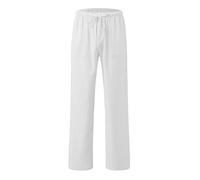 chickiddos Boys Linen Trousers - Elastic Waist Drawstring Straight Leg Trousers Loose Fit Casual Summer Holiday Beach Pants, White, 150/11-12 Years