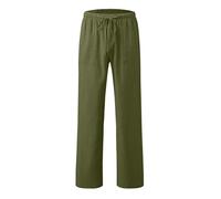 chickiddos Boys Linen Trousers - Elastic Waist Drawstring Straight Leg Trousers Slim Fit Casual Summer Holiday Beach Pants, ArmyGreen, 150/11-12 Years