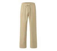 chickiddos Boys Linen Trousers - Elastic Waist Drawstring Straight Leg Trousers Slim Fit Casual Summer Holiday Beach Pants, Khaki, 120/5-6 Years